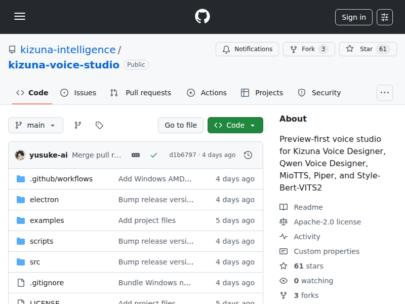 GitHub - kizuna-intelligence/kizuna-voice-studio: Preview-first voice studio for Kizuna Voice Designer, Qwen Voice Designer, MioTTS, Piper, and Style-Bert-VITS2 のキャプチャ