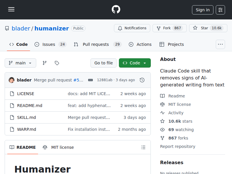 GitHub - blader/humanizer のキャプチャ